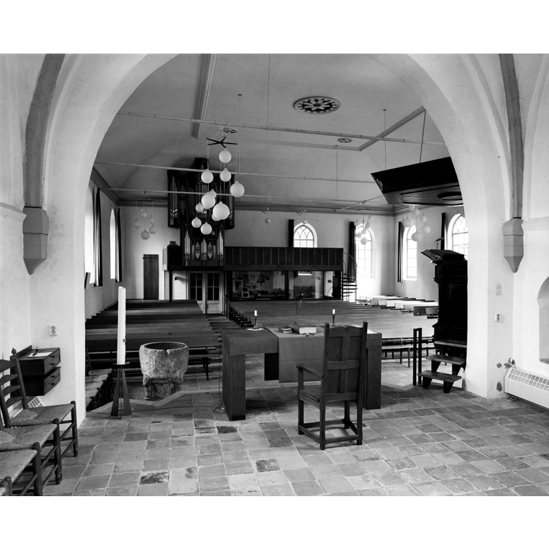 view from the chancel; the baptismal font is visible just west of the chancel arch, on the left [south] side, obviously not its original location in the church