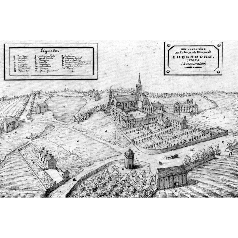a late-17thC rendering of the abbey church with its north-side cloister in the context of the restored abbey