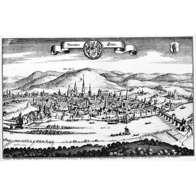 the basilica appears at the back, towards the right of the tallest tower, and has a crenellated wall -- Source caption: [Matthäus Merian the Elder's] "Engraving from 1646. At the top the coats of arms of the Prince-Elector Philipp Christoph von Sötern. The engraving closely resembles a woodcut from 1548. While providing more details than the woodcut, the engraving does not show changes of the view between 1548 and 1646."
