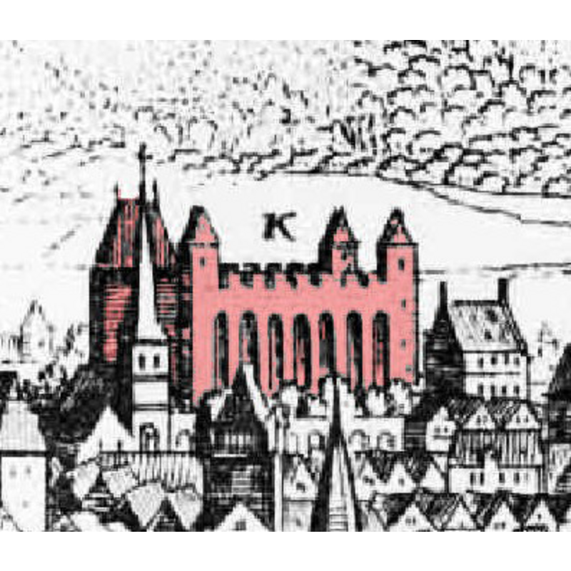 Source caption: " Constantine Basilica in the German town Trier. Part of an engraving from the 1646 book "Topographia Archiepiscopatuum Moguntinensis", which probably relied on a woodcut from 1548/1550. The coloration is not from the original engraving and was added to highlight the building."