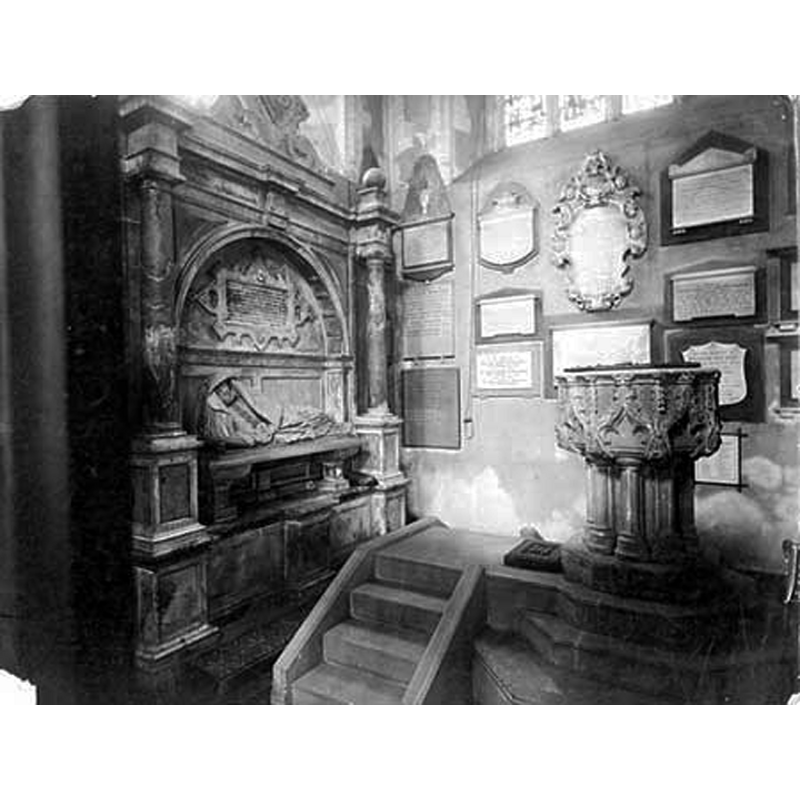 the Victorian font, seen here near the  funerary monument to Dame Elizabeth Periam [cf. FontNotes]