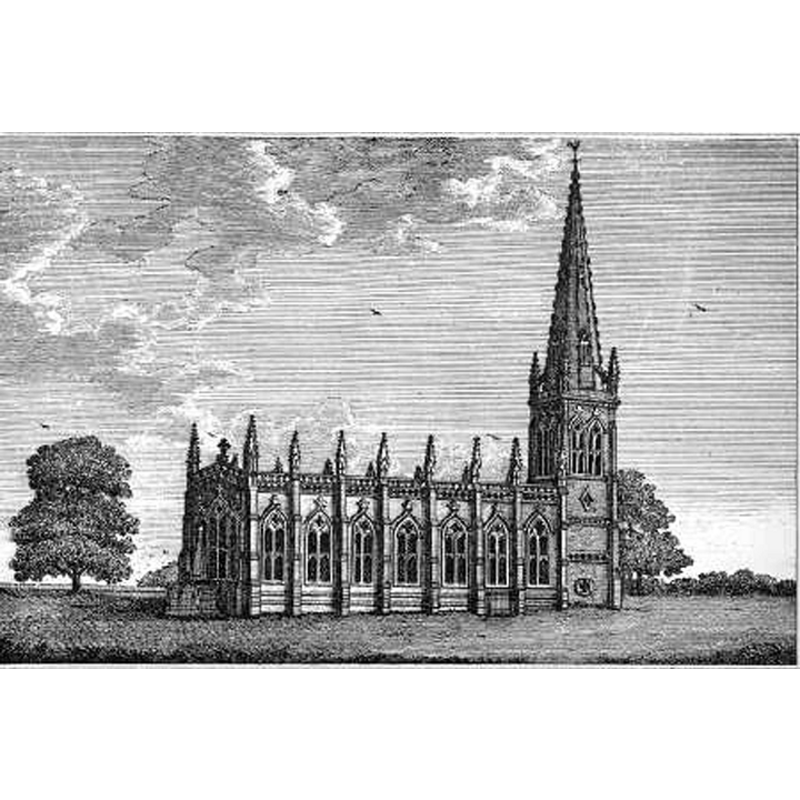 Source caption: "The original 1757 church with the spire still intact. Taken from J. Nichols: The History and Antiquities of the County of Leicester."