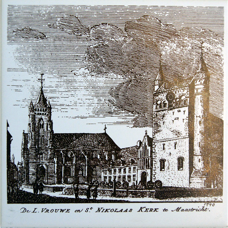 Source caption: "MOSA-tegel met een afbeelding van de Sint-Nicolaaskerk en de Onze-Lieve-Vrouwebasiliek in Maastricht, naar een tekening van Jan de Beijer uit 1740. / MOSA decorated tile with a depiction of the Saint Nicolas Church and the Church of Our Lady in Maastricht, after a drawing of Jan de Beijer from 1740."