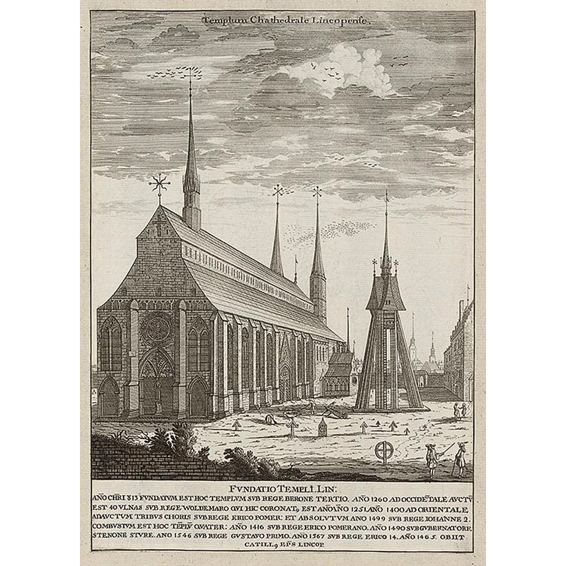 Source caption: "Engraving made sometime between 1690-1710" -- The Latin caption to the old engraving gives the date of the original church here as 813, "FVNDATVM EST HOC TEMPLVM SVB REGE BERONE TERTIO".