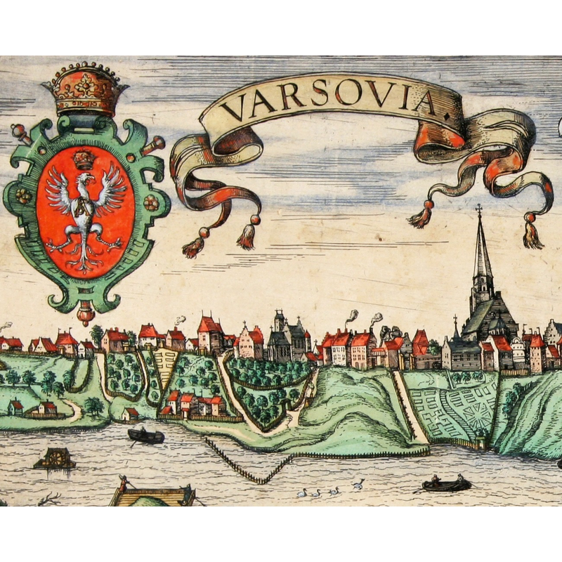 Source caption: "An engraving from Civitates orbis terrarum. The 14th-century church of St. John (centre) is shown with the tower that collapsed is 1602." [between 1586 and 1617]