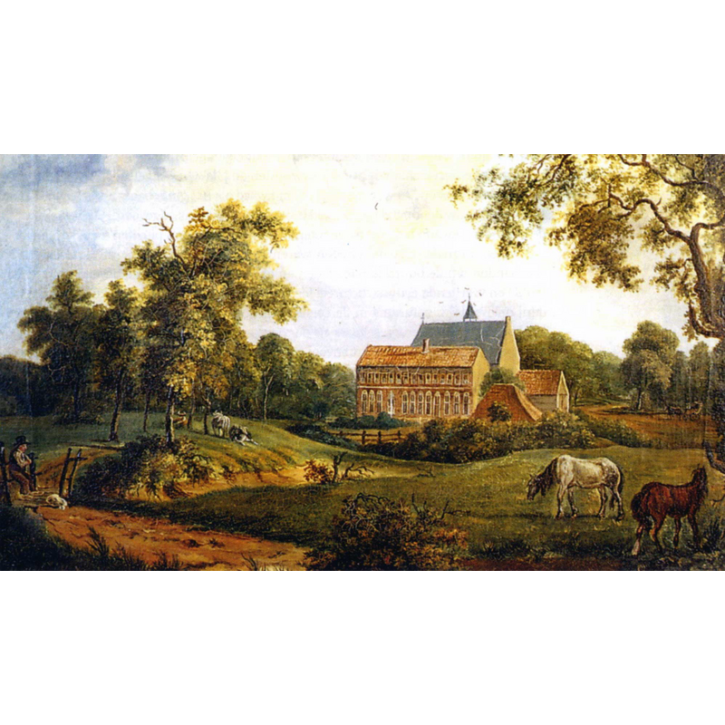 Koning's rendering of 1834 -- Source caption: "Het Klooster in Ter Apel geschilderd door Arnold Hendrik Koning (1834)"