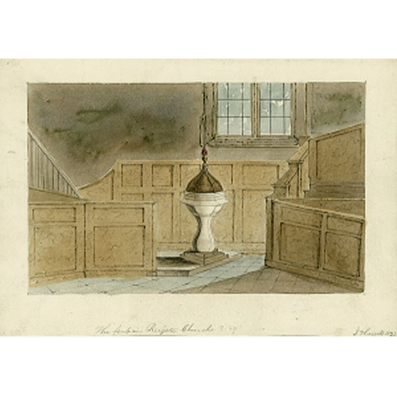 Source caption: "Annotation: 'The font in Reigate Church, 2.39, J Hassell 1824' in pencil at foot of page" -- This must be the font described in Brayley (1850): "stone font, at the west end of the south aisle, [...] small and unimportant"