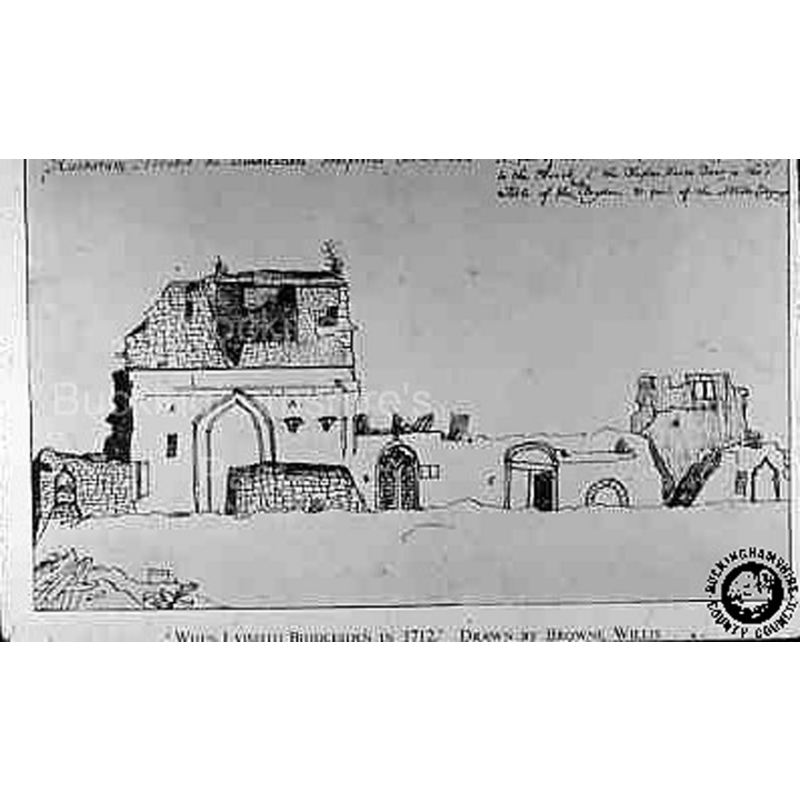 exterior of the abbey in ruins -- artist's rendition of 1712