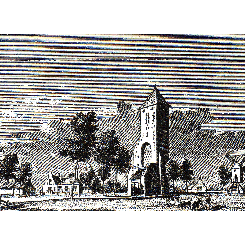 Source caption: "Kerk Nieuwerkerke (Schouwen)" -- the illustration captures the remains of the church in 1745, between the destruction of the nave in the 18thC, and the final demolition of the tower in 1820.