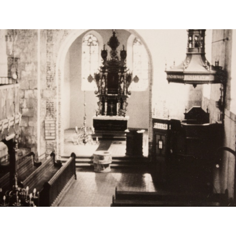 the east end of the nave renovated and re-arranged, but the old font still in the same position --  Source caption: "Nach der erster Renovierung. Mit neuem Gestühl und größerer Kanzel."