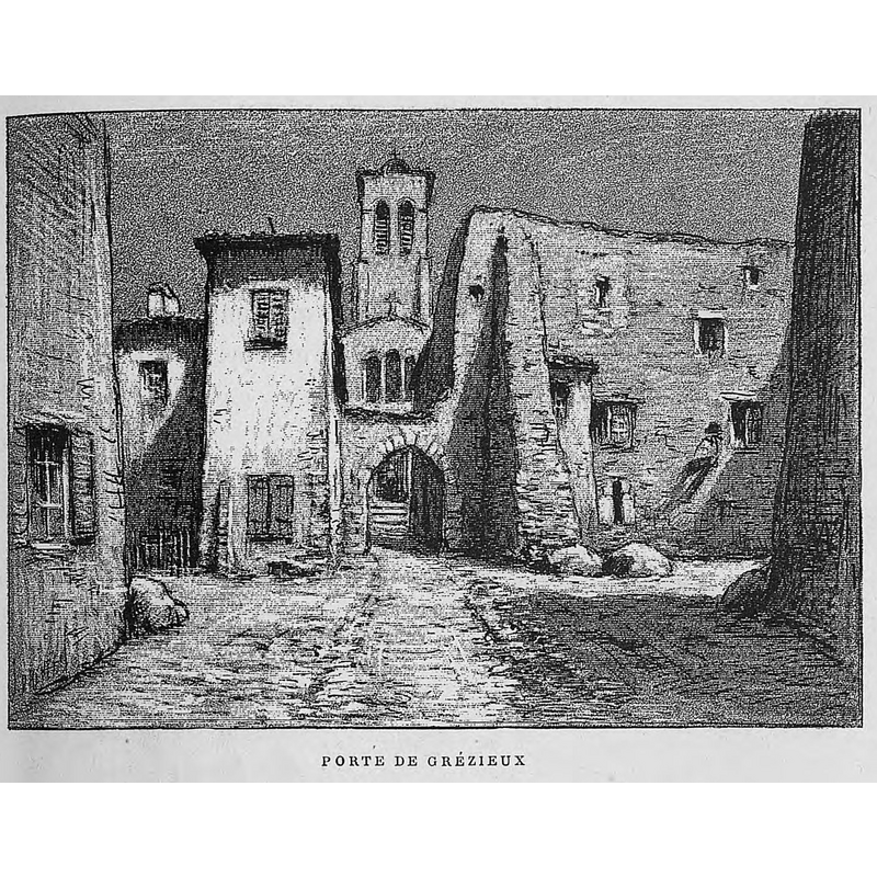 the tower of the church viewed through the village gate -- Source caption: "Aux environs de Lyon / Monsieur Josse ; préface de M. Coste-Labaume ; édition illustrée de 250 dessins de J. Drevet."