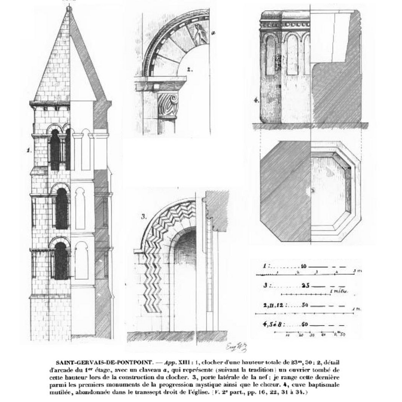 drawing with details of the church and font in Woillez, ca. 1839-1849?