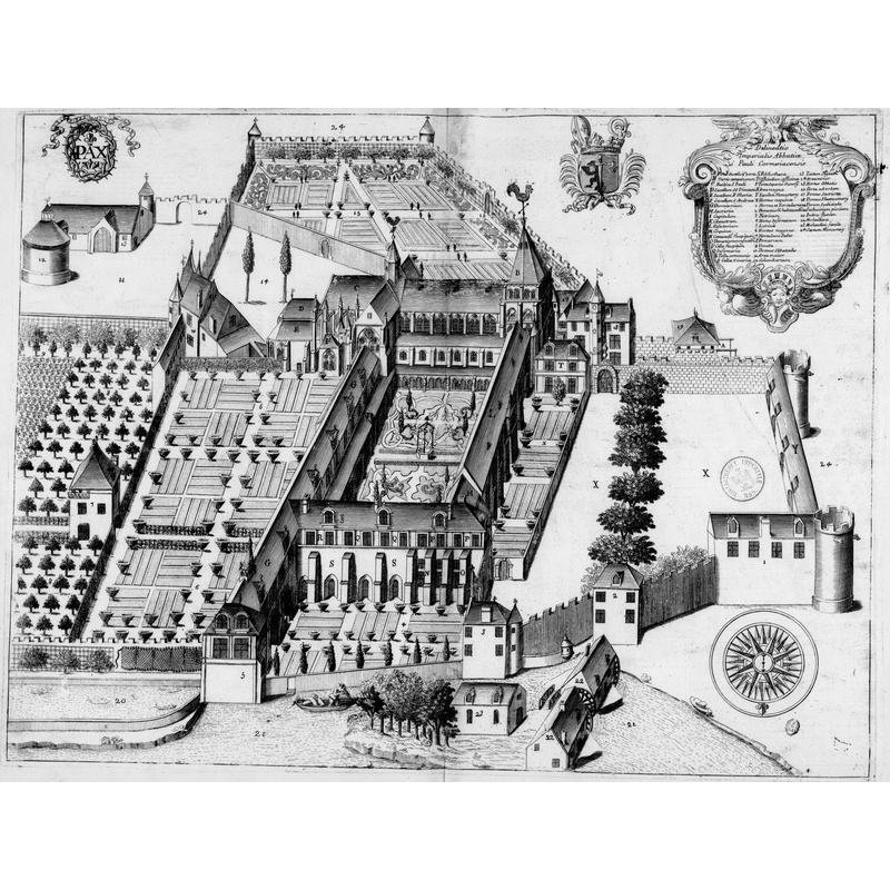 Source caption: "Planche gravée du 17ème siècle représentant l'abbaye Saint-Paul de Cormery, dans le livre Monasticon Gallicanum" -- the abbey church, "Basilica S. Pauli" [labelled "C" in the engraving], is seen from the north side with the cloister before it.
