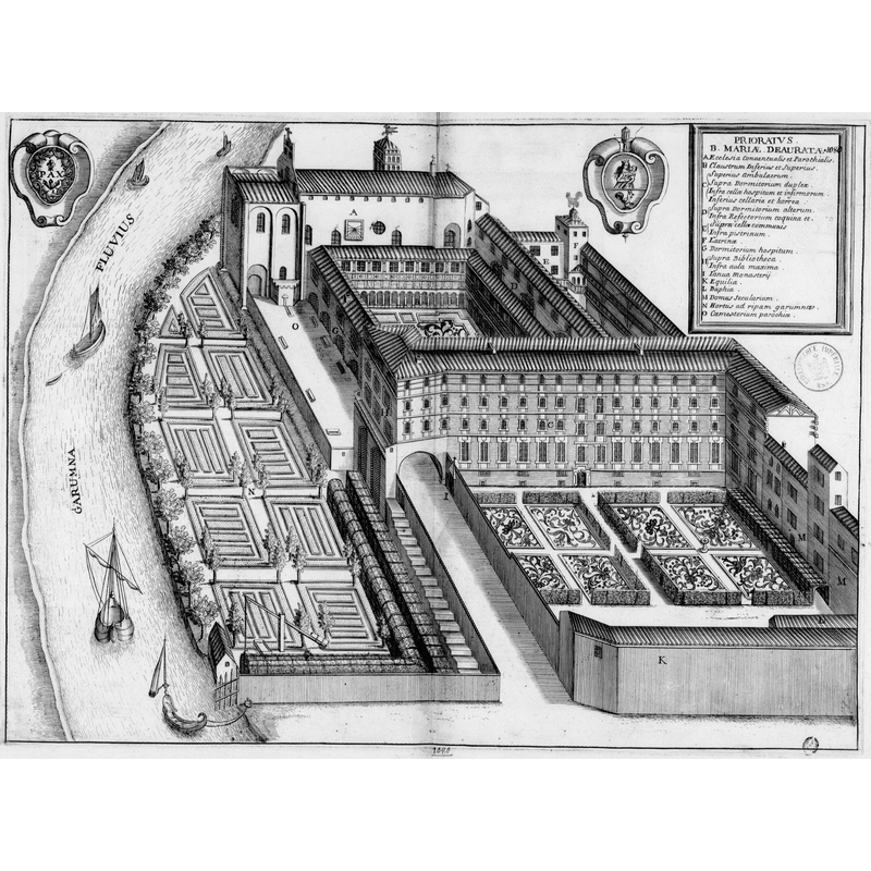 17thC plan of the priory and its church -- Source caption: "Planche gravée du 17ème siècle représentant le prieuré Notre-Dame de La Daurade à Toulouse, en France, dans le livre Monasticon Gallicanum."
