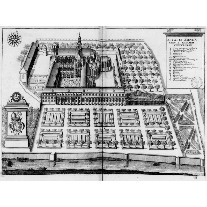 Source caption: "[17thC] Planche gravée du 17ème siècle représentant l'abbaye de Saint-Riquier, dans le livre Monasticon Gallicanum [...] Dom Germain [...] Bibliothèque nationale de France"