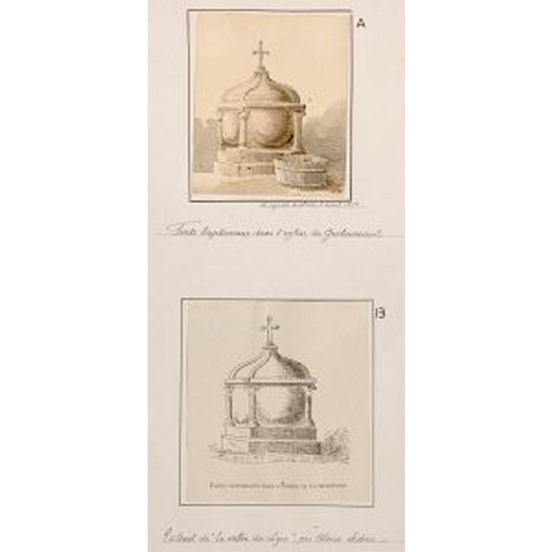 the upper half of the image shows a watercolur by Oswald Macqueron dated 2 April 1872