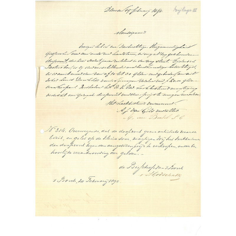letter exchange between the bishop to the parish priest authorising the sale of the font 20 February 1890