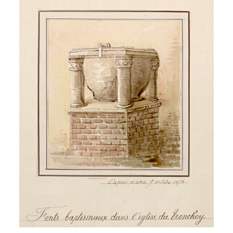 Source caption: "Fonts baptismaux dans l'église du Tronchoy. - [Aquarelle d'Oswald Macqueron], d'après nature, 9 oct. 1876."