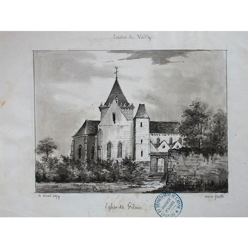 Source caption: "Église paroissiale Notre-Dame de Filain [...] Dessin de l'église d'avant-guerre"