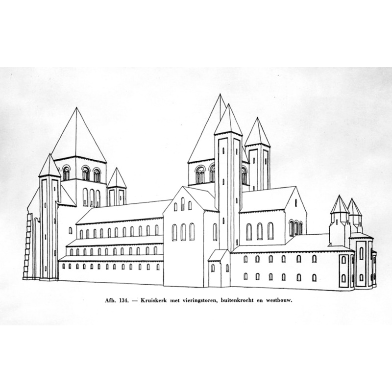 Source caption: "Sint Baaf / Abdijkerk: Kruiskerk/ abdijkerk tekening exterieur, reproductie uit opgravingen in de Sint Baafsabdij."