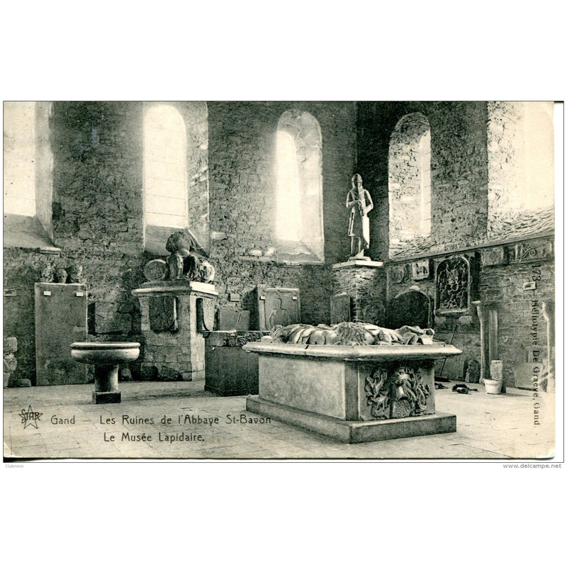 the undated postcard shows the east end of the interior of the former refectory being used as lapidary museum; there is a font visible in it, but it is not the Romanesque font of the abbey