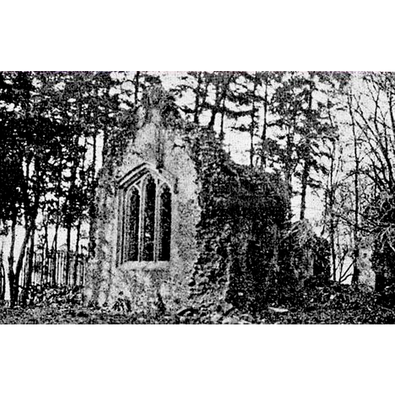 Source caption: " Among the few Hertfordshire churches which are in ruins, not the least interesting is the little one of Flaunden, situated on the banks of the Chess River, tucked away and nearly hidden in a small clump of fir trees some distance from the road. Its peculiar interest is its somewhat unusual plan, the design of which is in the form of a Greek cross, having the distance east to west (about thirty-six feet) practically the same as that north to south across the transept. The church probably dates from about 1230 and was dedicated to St. Mary Magdalene; it is now, however, in a ruinous condition, the roof and wooden tower having quite disappeared. The ivy-clad north and west walls retain much of their original height, and up to recently showed traces of early mural painting. There is a small fourteenth­ century doorway in the north wall and a picturesque fifteenth-century three-light window in the south wall. ... (Hertfordshire Countryside, Winter 1946)"