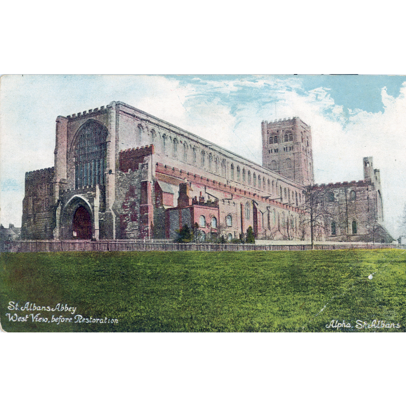 Source caption: "View of the West end of St Albans Abbey, St Albans, Hertfordshire, taken in about 1880 (before the restoration in the 1880s) and published as a post card in about 1905 by the Alpha Trading Company"