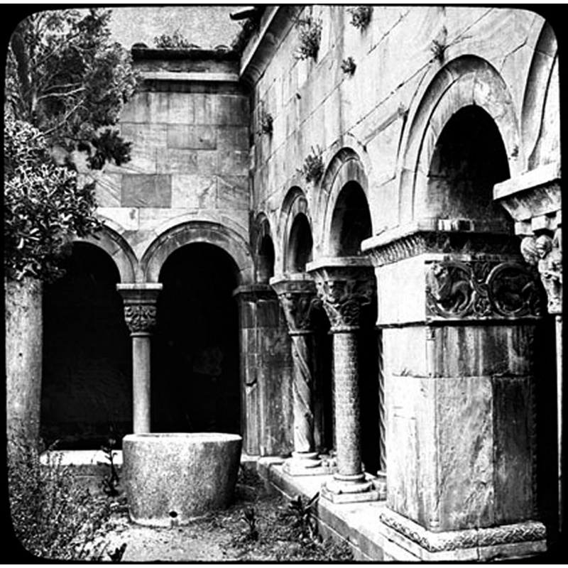 notice the font (?) in a corner of the cloister [ca. 1900?]