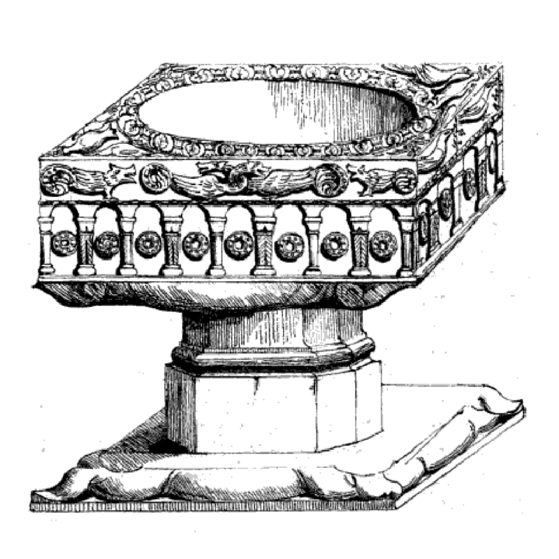 on one of the sides of the basin, above the arcade -- seen here on the right side