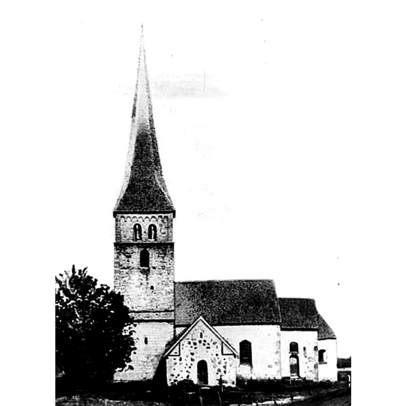 Source caption: "Högby gamla kyrka. Högbys medeltida kyrka härstammade från 1100-talet. Den var belägen på den kulle där Högbystenen nu står. Kyrkan revs år 1870 och dess stenar användes som byggnadsmaterial till den nya kyrkan, belägen på en höjd mella Högby gamla kyrka och Västra Skrukeby medeltida kyrka, som förövrigt också är riven."