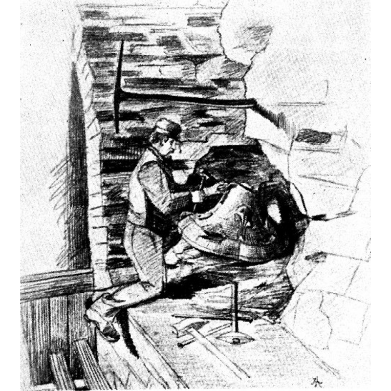 the image shows a restoration worker digging what appears to be the base of a baptismal font out of a wall (?); the object appears to be poly-lobed and splaying, a type of base found in some fonts of the Gothic period -- we have not been able to locate any further information on this object, probably located now in a museum somewhere.