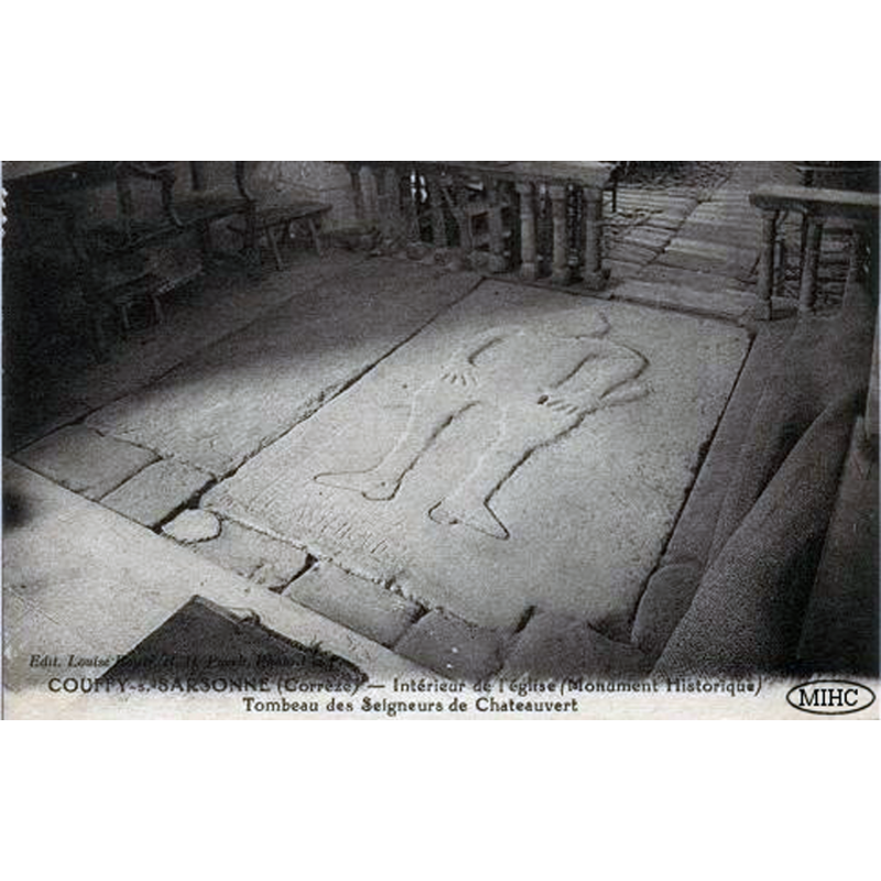the 13thC tombstone in its original position inside the church -- Source caption: "Tombeau des Seigneurs de Chateauvert"
