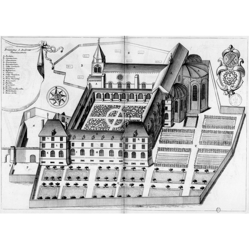 Source caption: "Planche gravée du 17ème siècle représentant l'abbaye Saint-André de Meymac, en France, dans le livre Monasticon Gallicanum."