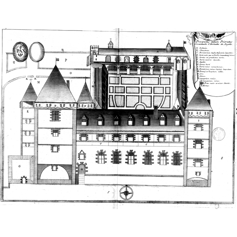 Source caption: "Planche gravée du 17ème siècle représentant le prieuré Saint-Michel-des-Anges, en France, dans le livre Monasticon Gallicanum."