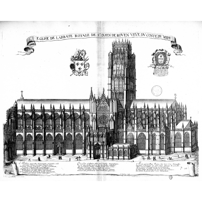 Source caption: "Planche gravée du 17ème siècle représentant l'abbatiale Saint-Ouen de Rouen, dans le livre Monasticon Gallicanum."