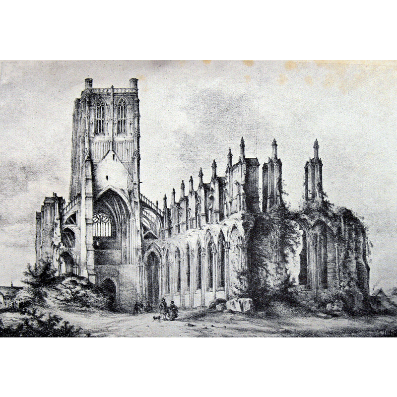 Source caption: "Litohgraphie représentant les ruines de l'église Saint-Bertin, à Saint-Omer (ville du Nord de la France), vers 1850, lithographe de M. Ulysse Delhom, Artiste-Peintre audomarois (1821-1897)"