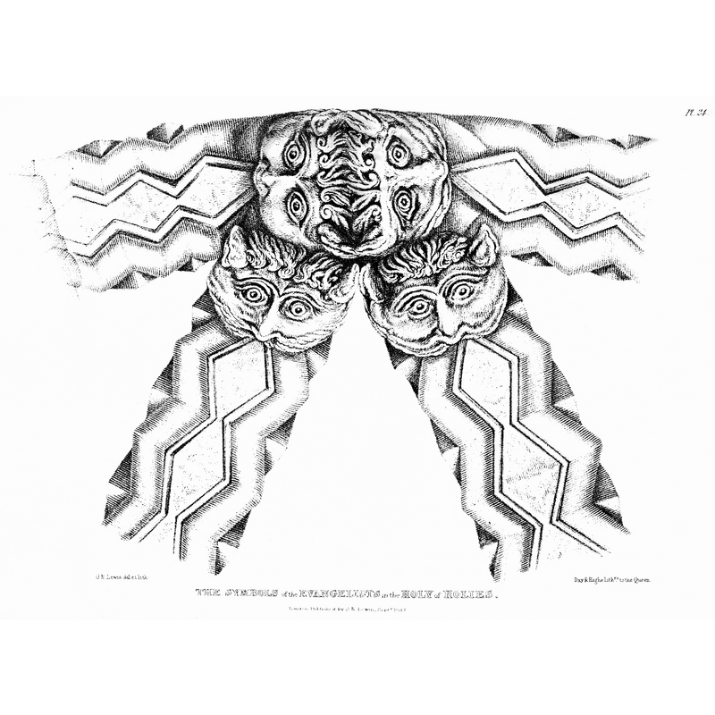 Lithograph of a 1841 drawing by G.R. Lewis by William Day (1797-1845) and Louis Haghe (1806-1885), appointed 'Lithographers to the Queen' in 1838 -- Source caption: "The symbols of the Evangelists in the Holly of Hollies"