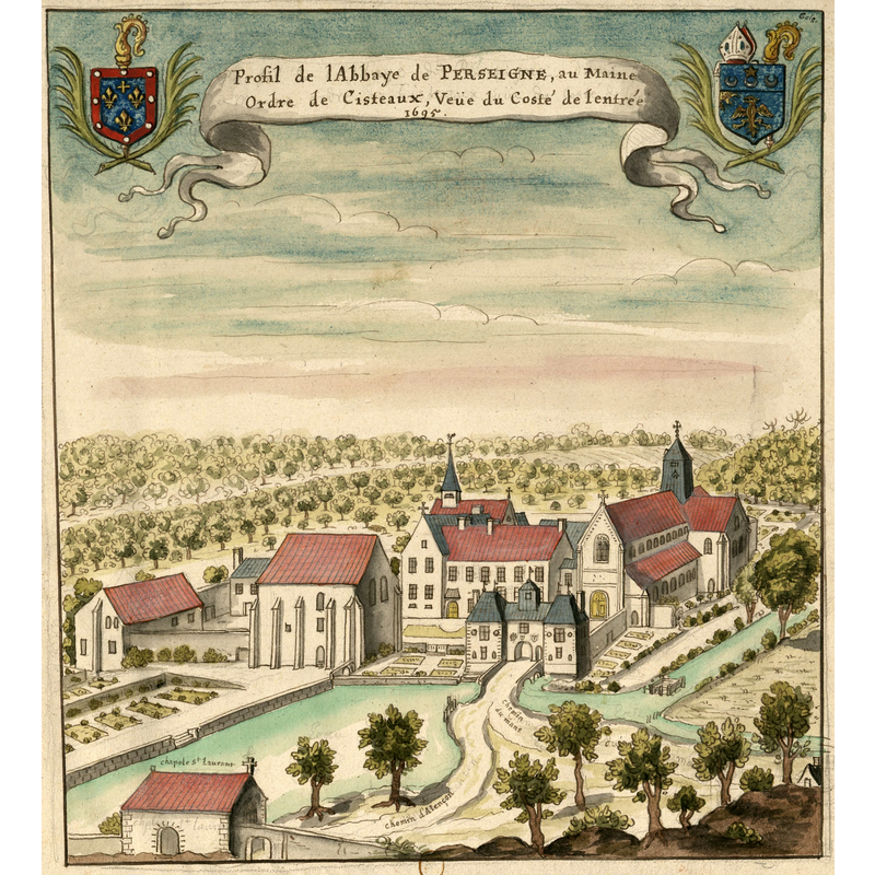 the abbey of Perseigne in the late-17thC -- Source caption: "Profil de l'Abbaye de Perseigne au Maine, Ordre de Cisteaux, Veüe du costé de l'entrée // 1695 : [dessin] / [Louis Boudan]"