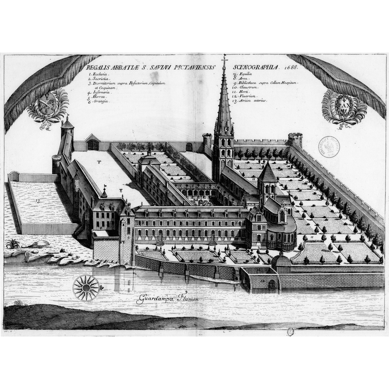 Source caption: "Planche gravée du 17ème siècle représentant l'abbaye de Saint-Savin-sur-Gartempe, en France, dans le livre Monasticon Gallicanum"..