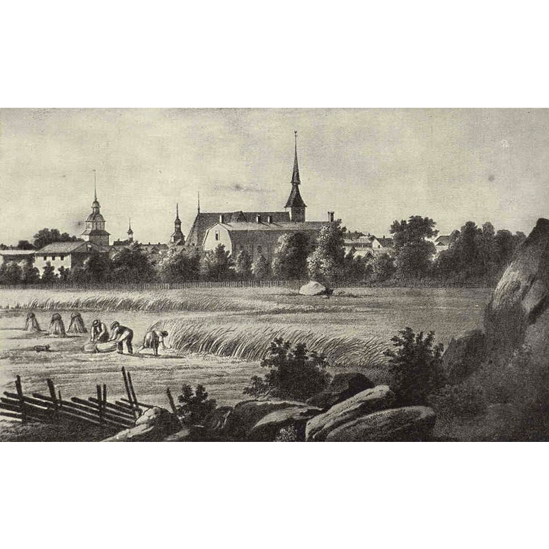 Source caption: "Vy över staden Vasa (Gamla Vasa) från nordost, 1840-tal"  -- This northeast view of Vaasa was taken before the 1852  fire that destroyed the old church of St. Mary at Mustasaari / Korsholm. The old church was never re-built; a new church was built in its instead
