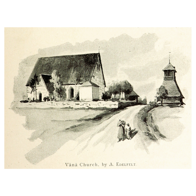 Source caption: illustration in Leopold Henrik Stanislaus Mechelin's "Finland in the Nineteenth Century: by Finnish authors. Illustrated by Finnish artists." (Helsingfords: F. Tilgmann, 1894) [British Library HMNTS 10290.i.4] -- showing the old [17thC?] bell tower across the road from the church