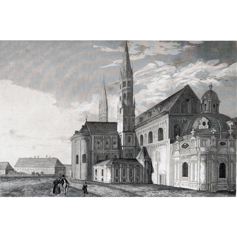 Source caption: "Würzburger Dom um 1845. Stahlstich nach Fritz Bamberger (1814-1873) aus dem Buch "Die Mainufer und ihre naechsten Umgebungen, mit 54 Stahlstichen, nach Originalzeichnungen von Fritz Bamberger nebst einer Stromkarte vom Main" von Ludwig Braunfels (Text). Erschienen in Würzburg bei Etlinger in Lieferungen von 1844 bis 1847."