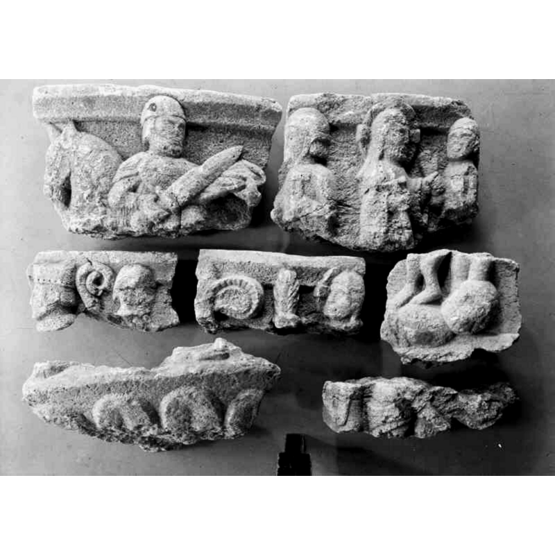 the fragments believed to have been part of the medieval font of Selånger old parish church; not all of them were used in the final reconstruction