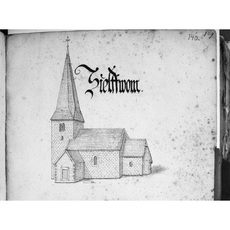 Source caption: "Kyrkan från sydöst. Foto efter teckning ur Peringskiölds Monumenta" [Johan Peringskiöld (1654-1720), Then första boken af Swea och Götha minnings-merken vthi Uplandz första del Thiundaland (Monumentorum sveo-gothicorum liber primus etc., 1710; på sv. och lat.),]
