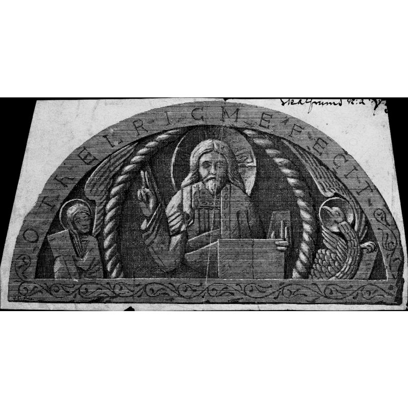Source caption: "Tympanonfält, ovanför västportalen, 1100-talet, utfört av Otelricus. Tryck efter teckning."