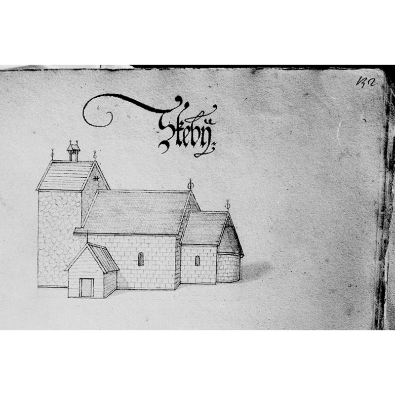 Source caption: "Kyrkan från söder, teckning i Peringskiölds Monumenta, avfotograferad."