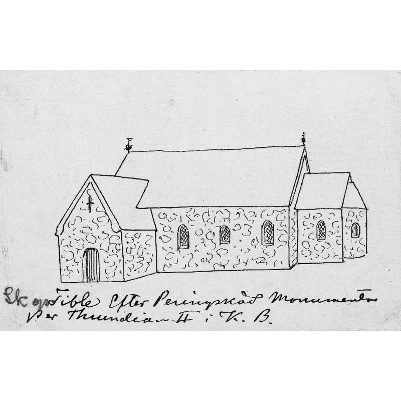 Source caption: "Kyrkan mot söder. Teckning efter Peringskiöld: Monumenta. K. B. [...] Bilden något beskuren mot originalet för att ta bort svarta partier."