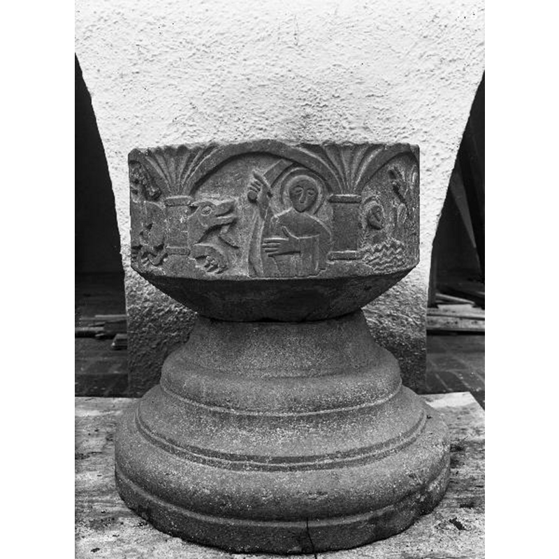 several of the fonts of churches in the area were photographed at the time with this background, obviously when the fonts had been removed from the churches [and the churches themselves were being renovated?]