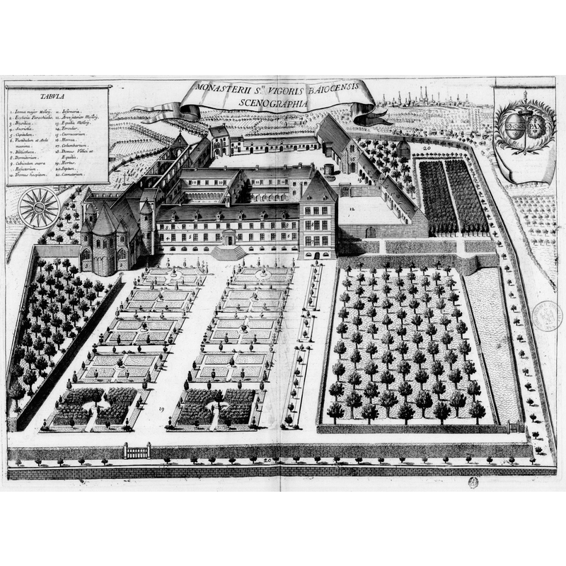 Source caption: "Planche gravée du 17ème siècle représentant le prieuré Saint-Vigor de Bayeux, dans le livre Monasticon Gallicanum."