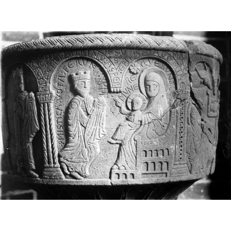 Source caption: "Detalj av dopfuntscuppa av sandsten, omkring 1191." -- notice the large crack to the right of the Adoration scene, left of the Nativity
